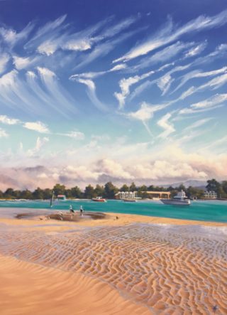 An Oil painting by Nicki Hall in the Realist Impressionist style  depicting Seascape Beach Sea and Water with main colour being Blue and Ochre and titled Windy Day Spencer Park