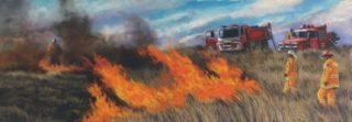 A Pastel painting by Nicki Hall in the Realist Impressionist style  depicting Landscape Bush Farmland and Fire with main colour being Ochre and Orange and titled HR Candelo