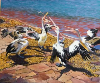 An Oil painting by Nicki Hall in the Realist Impressionist style  depicting Seascape Birds and Water with main colour being Ochre and titled Life at the Boat Ramp