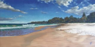 An Oil painting by Nicki Hall in the Realist Impressionist style  depicting Seascape Beach Rocks and Sea with main colour being Blue and Ochre and titled Narawallee Beach