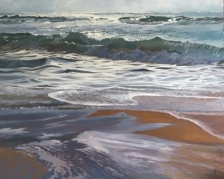 An Acrylic painting by Nicki Hall in the Realist Impressionist style  depicting Seascape Beach Sea and Water with main colour being Green Grey and Ochre and titled Promise