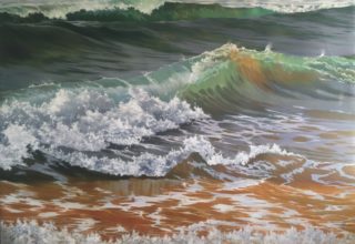 An Oil painting by Nicki Hall in the Realist Impressionist style  depicting Seascape Beach Sea and Water with main colour being Green Grey and Ochre and titled Shoredance