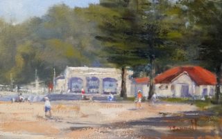 An Oil painting by Trish Bennett in the Realist Impressionist style  depicting Buildings Beach and Trees with main colour being Green Grey and Ochre and titled Painting Austinmer