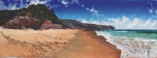 A Pastel painting by Nicki Hall in the Realist Impressionist style  depicting Seascape Beach Rocks and Sea with main colour being Blue and Ochre and titled Tura Headland III