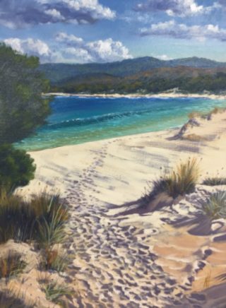 An Oil painting by Nicki Hall in the Realist Impressionist style  depicting Seascape Beach Sea and Water with main colour being Blue and Ochre and titled Wallagoot Beach