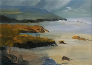 An Oil painting by Susan Lanchester depicting Seascape Sea Water and Waves with main colour being Blue Brown and Ochre and titled Seascape