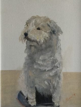 An Oil painting by Susan Lanchester depicting Animals and Dogs with main colour being Grey and titled Dog Portrait
