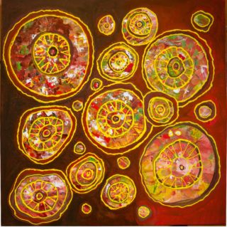An Acrylic painting by Janine Rea in the Abstract style  depicting  with main colour being Brown Orange and Yellow and titled Circles