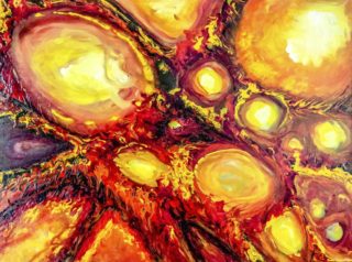 An Acrylic painting by Janine Rea in the Abstract style  with main colour being Ochre Orange and Yellow and titled Colour Burst II