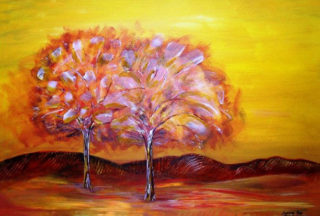 A Mixed Media painting by Janine Rea in the Abstract Expressionist style  depicting Trees with main colour being Brown Ochre and Yellow and titled Golden