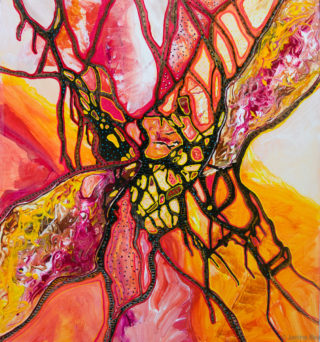 An Acrylic painting by Janine Rea in the Abstract style  with main colour being Orange Red and White and titled Hot Flush