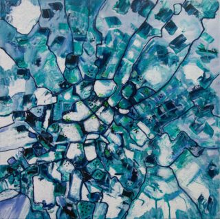 An Acrylic painting by Janine Rea in the Abstract style  depicting  with main colour being Blue and White and titled Icey Blue