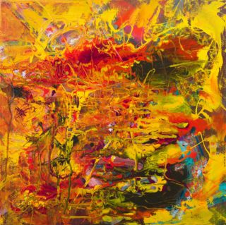 An Acrylic painting by Janine Rea in the Abstract style  depicting  with main colour being Brown Orange and Red and titled Inferno III
