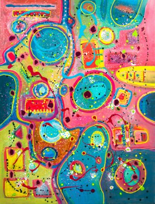 An Acrylic painting by Janine Rea in the Abstract style  depicting  with main colour being Blue Pink and Yellow and titled Join The Dots