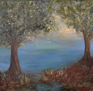An Acrylic painting by Janine Rea in the Semi-Abstract style  depicting Landscape Lake Trees and Water with main colour being Blue Brown and Green and titled Matilda Bay