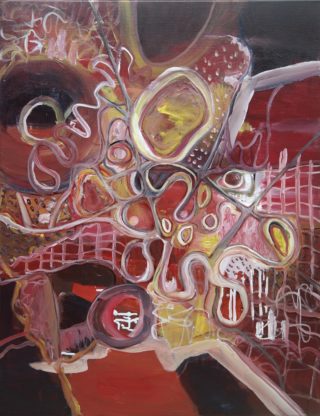 An Acrylic painting by Janine Rea in the Abstract style  depicting  with main colour being Brown Cream and Red and titled Monkey Mind