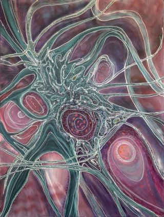 An Acrylic painting by Janine Rea in the Abstract style  with main colour being Blue Pink and Purple and titled Purple Patterns