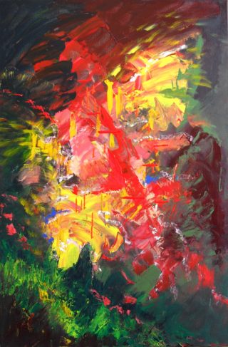 An Acrylic painting by Janine Rea in the Abstract style  depicting  with main colour being Green Red and Yellow and titled Tropic Fire