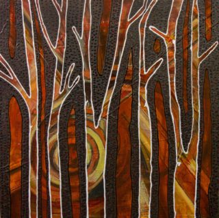 An Acrylic painting by Janine Rea in the Abstract Expressionist style  depicting Landscape Trees with main colour being Brown Cream and Orange and titled WoodForest