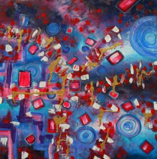 An Acrylic painting by Janine Rea in the Abstract style  depicting  with main colour being Blue Pink and Red and titled All Sorted