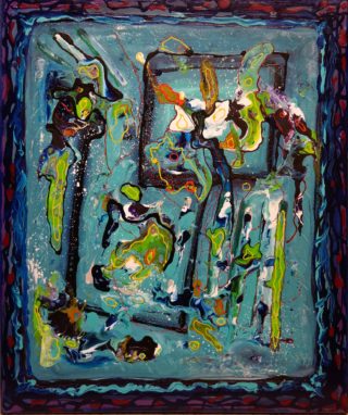 An Acrylic painting by Janine Rea in the Abstract style  depicting  with main colour being Blue and Green and titled AquaPlay