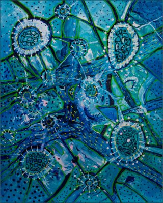 An Acrylic painting by Janine Rea in the Abstract Expressionist style  depicting  with main colour being Blue and Green and titled Blue Pattern