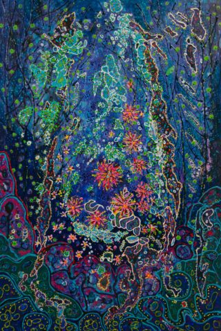 An Acrylic painting by Janine Rea in the Abstract Expressionist style  depicting Landscape Flowers Garden and Sea with main colour being Blue and Pink and titled Floral Scape