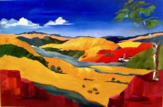 An Acrylic painting by Janette Giacobbe in the Contemporary style  depicting Landscape Hills with main colour being Blue Green and Red and titled Hills