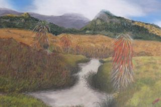 A Pastel painting by Kathleen Bentley depicting Landscape Hills and Rural with main colour being Blue and Green and titled Landscape