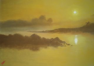 A Pastel painting by Kathleen Bentley Sunrise with main colour being Ochre and Yellow and titled Landscape 2