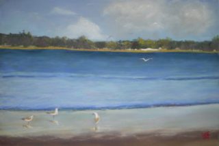 A Pastel painting by Kathleen Bentley Lake and Water with main colour being Blue and titled Seascape