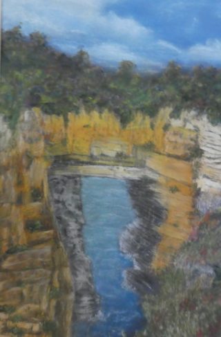 A Pastel painting by Kathleen Bentley Water with main colour being Blue and Brown and titled Landscape 3