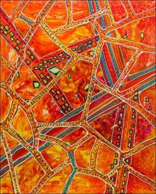 An Acrylic painting by Janine Rea in the Abstract style  with main colour being Orange and titled Orange Paths
