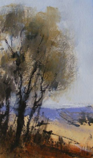 A Mixed Media painting by Trish Bennett in the Contemporary style  depicting Landscape Trees with main colour being Blue Brown and Ochre and titled Breathtaking