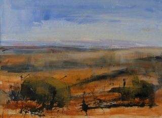 A Mixed Media painting by Trish Bennett in the Contemporary style  depicting Landscape Outback with main colour being Blue Ochre and Olive and titled Natures Creations