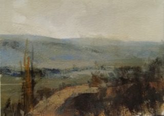 A Mixed Media painting by Trish Bennett in the Contemporary style  depicting Landscape Hills and Trees with main colour being Blue Grey and Ochre and titled Life's Impressions