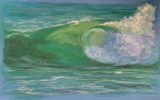 A Gouache painting by Diane Yousouf in the Impressionist style  depicting Sea Beach and Water with main colour being Blue Green and Purple and titled Ocean Wave