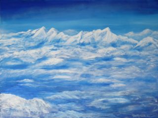 An Acrylic painting by Alex Mortensen in the Contemporary Realist style  depicting Clouds Mountains and Sky with main colour being Blue and White and titled Above the Clouds