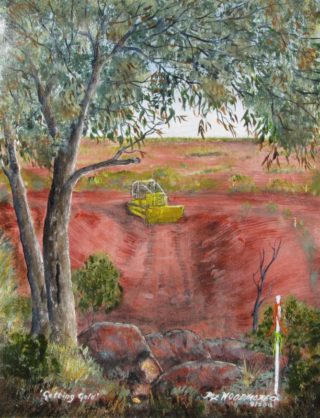 An Acrylic painting by Rex Woodmore in the Contemporary style  depicting Bush Cars and Desert with main colour being Brown Gold and Green and titled Getting Gold