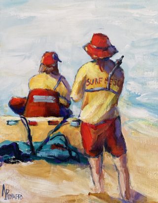 An Acrylic painting by IVANA PINAFFO in the Contemporary Realist style  depicting People Beach and Man with main colour being Blue Red and Yellow and titled ATTENTIVE LIFESAVERS #2