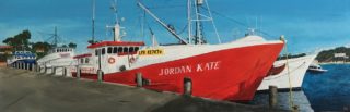 An Acrylic painting by Iryna White depicting Boats with main colour being Blue Red and White and titled Fishing Boats