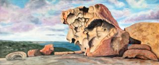 An Oil painting by Iryna White depicting Landscape Rocks and Water with main colour being Blue Ochre and Olive and titled Kangaroo Island