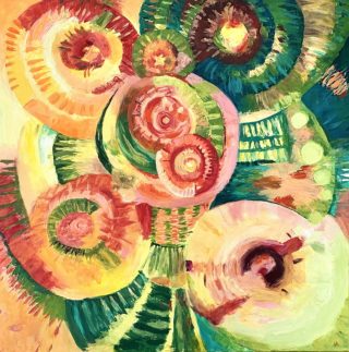 An Acrylic painting by Iryna White in the Contemporary style  with main colour being Green Orange and Red and titled Carnival