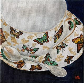 An Oil painting by Iryna White in the Contemporary Realist style  depicting Still Life Kitchenware with main colour being Black Green and Grey and titled Butterfly