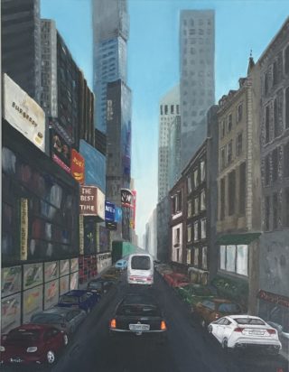 An Acrylic painting by Iryna White depicting Buildings Cars and Streets with main colour being Blue Brown and Grey and titled Megapolice