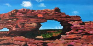 An Oil painting by Iryna White depicting Landscape Rocks with main colour being Blue and Brown and titled Natures Window
