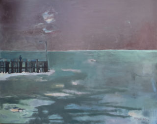 An Oil painting by Melissa Fraser in the Contemporary style  depicting Seascape Water with main colour being Grey and Purple and titled Ghost ship