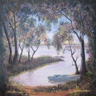 An Acrylic painting by Rex Woodmore in the Contemporary Realist style  depicting Landscape Boats Bush and Creek with main colour being Green and Ochre and titled River Rowboat