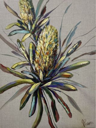 An Acrylic painting by IVANA PINAFFO in the Contemporary Realist style  Bush and Flowers with main colour being Blue Green and Yellow and titled BANKSIAS
