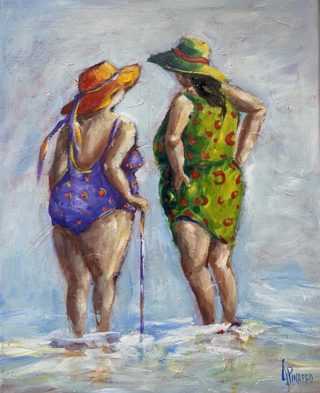 An Acrylic painting by IVANA PINAFFO in the Contemporary Realist style  Beach Hills and People with main colour being Blue Green and Orange and titled CHATTING #2